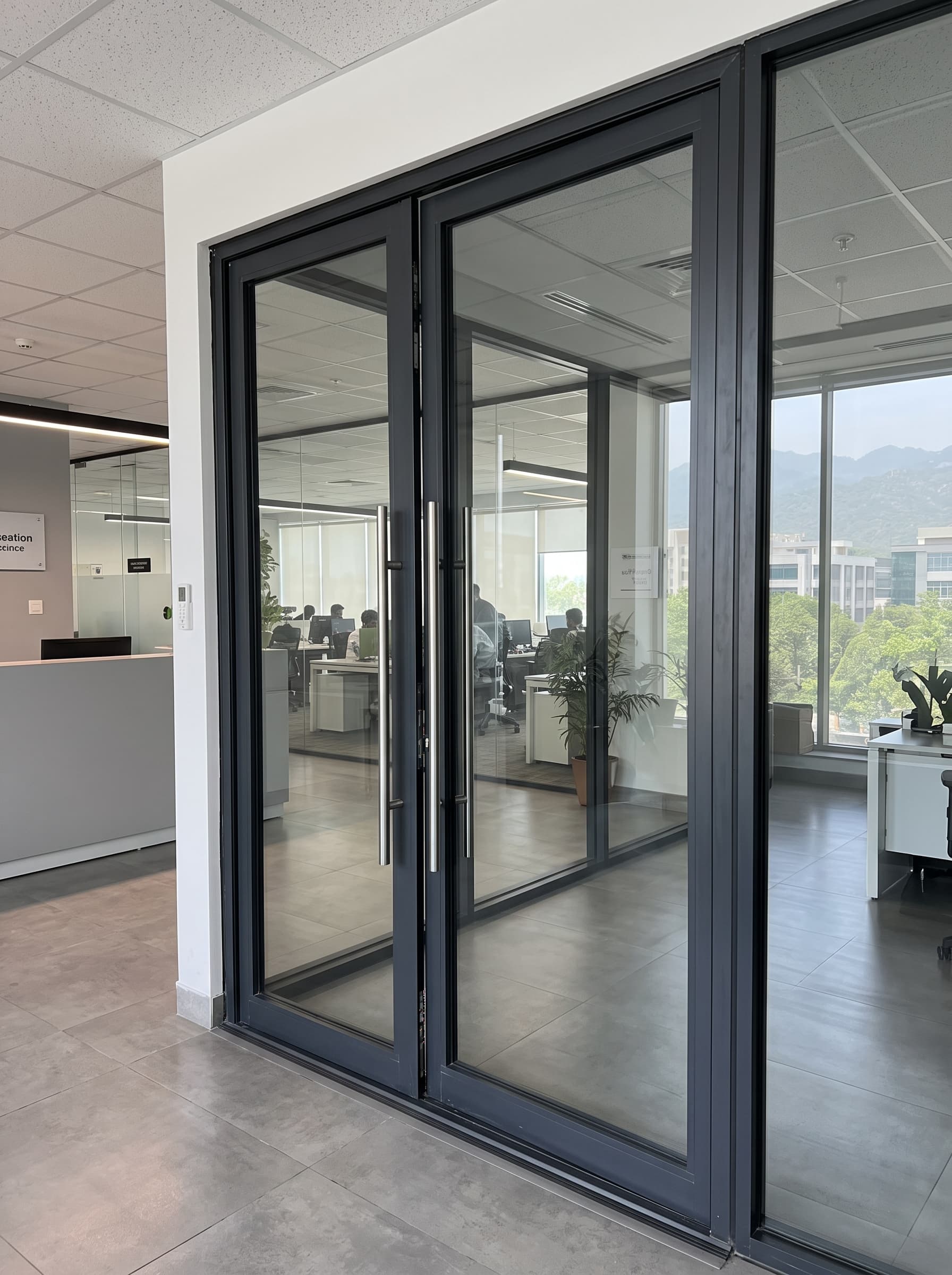 Black aluminium-framed glass doors opening onto a bright office