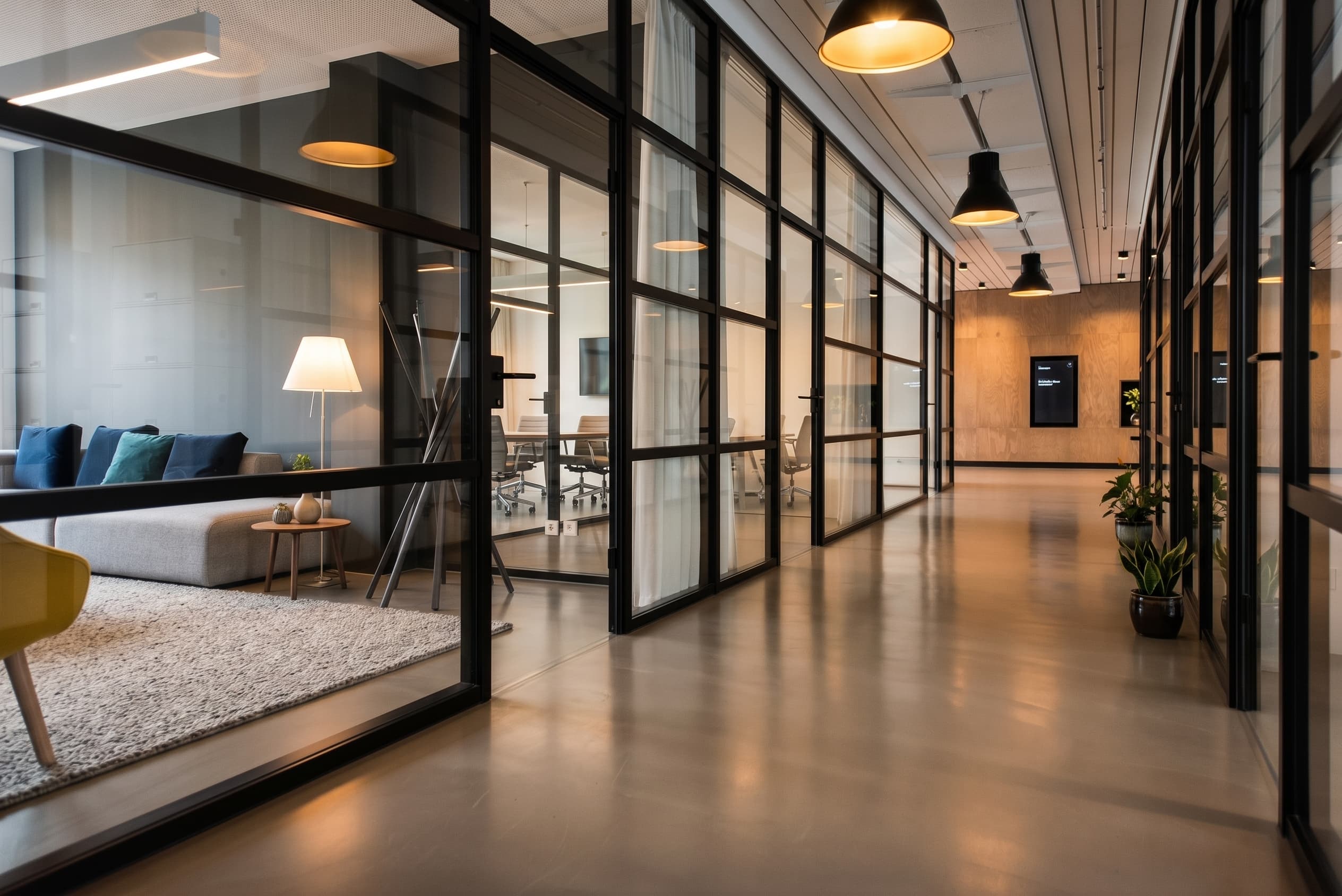 Office corridor lined with black-framed glass partitions