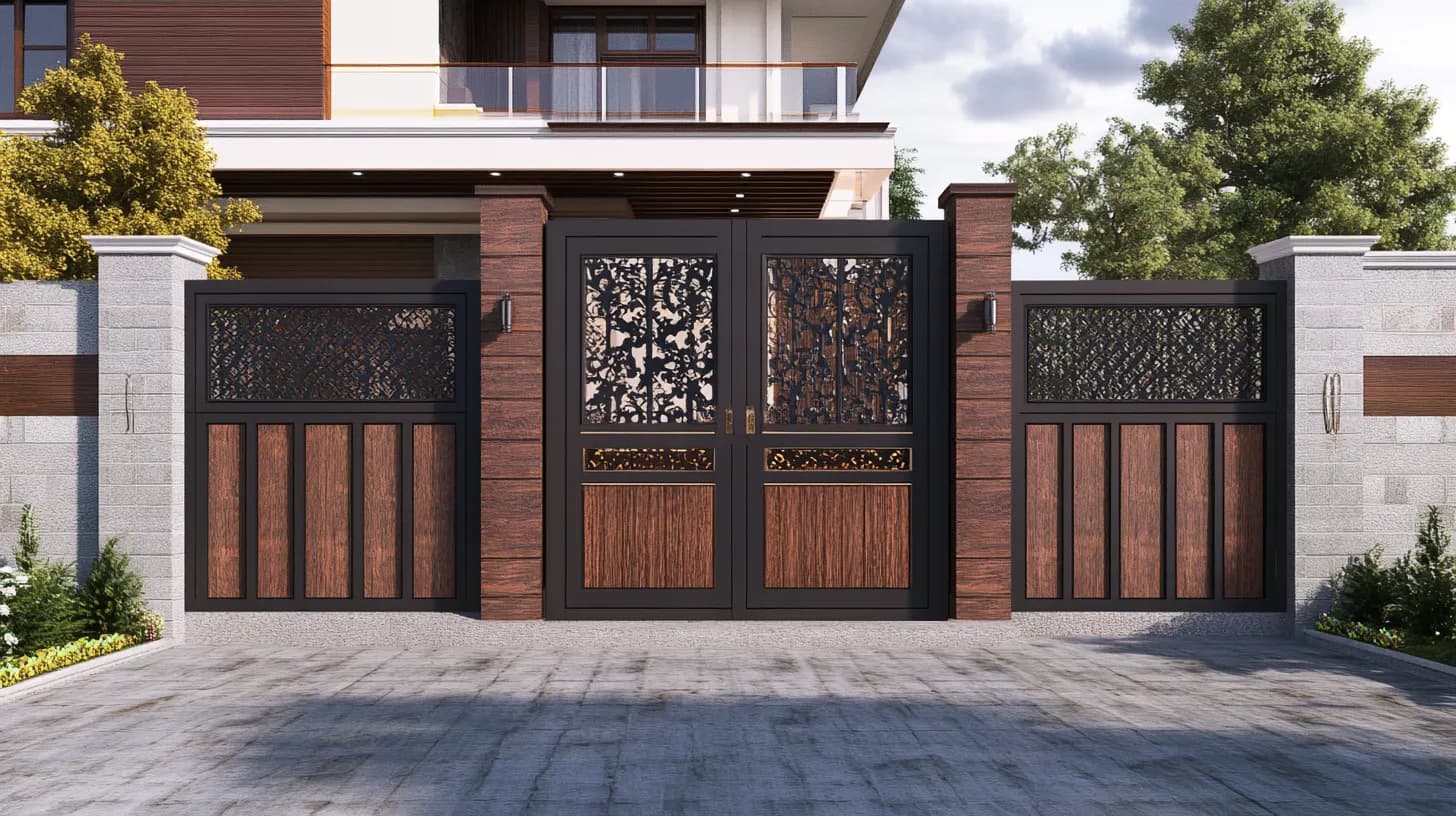 Black steel double gate with laser-cut panels and wood-finish inserts, between brick pillars, with matching side gates