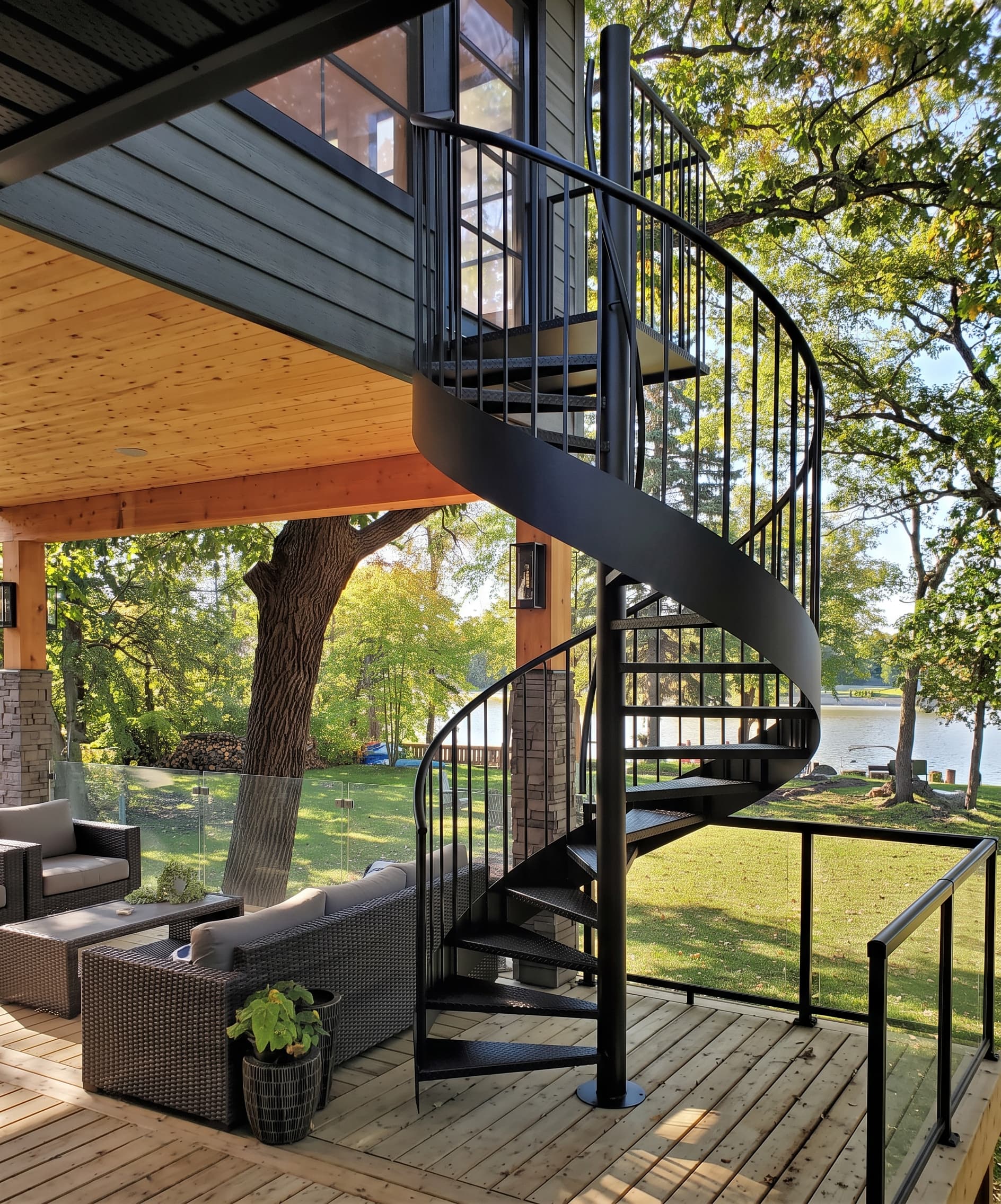 Black steel spiral staircase rising from a covered patio to an upper deck