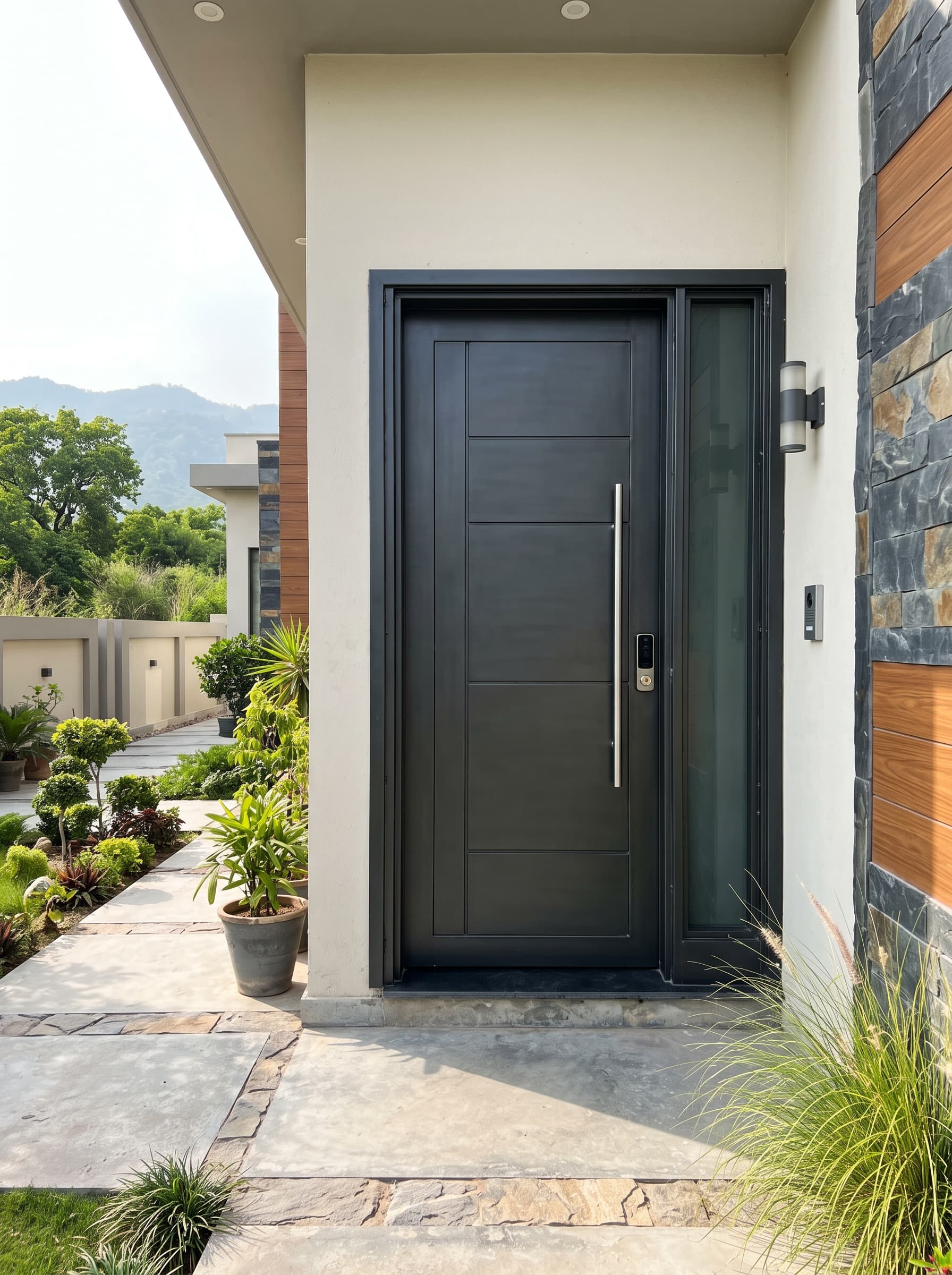 Dark steel front door with a long pull handle and a glass side panel